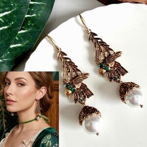 Gold Bird Green Crystal Earrings Vintage Style Ornate Jewelry Faux Pearl NEW